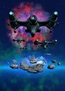 Space Battle around a spacebase on asteroids, in the background nebula and stars, alien Attack, 3d illustration