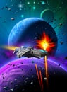 Space battle near an alien planet with two moons, same rockets against a spaceship, sky with nebula and stars, 3d illustration Royalty Free Stock Photo