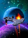 Space battle near an alien planet with two moons, same rockets against a spaceship, sky with nebula and stars, 3d illustration Royalty Free Stock Photo