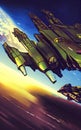 Space battle, spaceship fighting in sky, digital painting, concept sketch, cartoon style