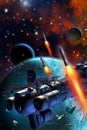 Space battle, spaceship orbiting around an alien planetary system, 3d rendering Royalty Free Stock Photo