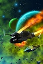 Space Battle, spaceships fighting around a planetary system, 3d illustration Royalty Free Stock Photo