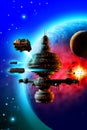 Space battle, spaceships starting from a space station, 3d illustration Royalty Free Stock Photo