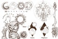 Space. Beautiful inscription: Good morning. A set of outline illustrations with sketches of tattoos