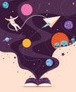 Space book imagination. Inspiring storybook galaxy environment and cosmos storytelling for school kids reading, learning