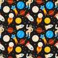 Space boy pattern, astronaut and planets, stars and rocket. Cute galaxy, cosmos spaceship, fun childish universe. Decor