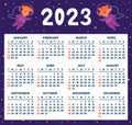 Space calendar planner 2023. Weekly scheduling, planets, space objects, funny astronauts. Week starts on Sunday