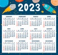 Space calendar planner 2023. Weekly scheduling, planets, stars, space objects. Week starts on Sunday