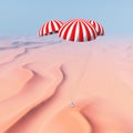 Space capsule approaches touchdown in a desert landscape