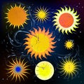 Space cartoon icons set. Planets, rockets, ufo elements on cosmic background Royalty Free Stock Photo