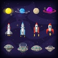 Space cartoon icons set. Planets, rockets, ufo elements on cosmic background, vector, isolated, cartoon style Royalty Free Stock Photo