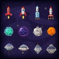 Space cartoon icons set. Planets, rockets, ufo elements on cosmic background, vector, isolated, cartoon style Royalty Free Stock Photo