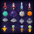 Space cartoon icons set. Planets, rockets, ufo elements on cosmic background, vector, isolated, cartoon style Royalty Free Stock Photo