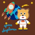 Space cat or astronaut in a space suit with cartoon style. Can be used for t-shirt print  kids wear fashion design  invitation Royalty Free Stock Photo