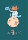 Space cat. Cute kitty in spacesuit. Funny animal with flag. Childish astronaut. Planet discoverer. First winner. Cosmic