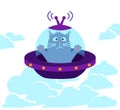 Space cat. frightened cat flies in a flying saucer above the clouds.