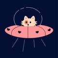 Space cats. Cute and funny kitty in spaceship, childish astronaut cat in zero gravity, kids nursery decor and clothes