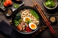 chopstick food noodle japanese vegetable ramen bowl asian meal soup. Generative AI. Royalty Free Stock Photo