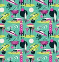 The space city of the future - vector seamless pattern. Space fabric design with rockets and modern city. Royalty Free Stock Photo