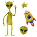 Space clipart set, alien with rocket ship, hand drawn watercolor illustration