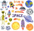 Space clipart set, hand drawn watercolor illustration isolated on white.