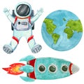 Space clipart set, hand drawn watercolor illustration isolated on white.