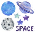 Space clipart set, stars and planets, hand drawn watercolor illustration