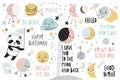 Space collection, childish hand drawn elements - moon, stars and planets Royalty Free Stock Photo