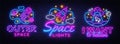 Space collection neon signs vector. Cosmic Theme design template concept. Neon banner background design, night symbol