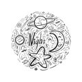 Space collection of planet, sun, moon, astronaut, stars, closed in a circle, illustration in doodle style Royalty Free Stock Photo