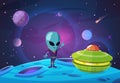 Space colonization background. Alien, ufo character on new planet in universe. Spaceship and galaxy, meteorites and