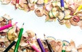 Space between colorful crayon pencil wood shavings Royalty Free Stock Photo