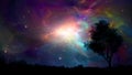 Space colorful fractal nebula with tree and land silhouette. Digital magic landscape illustration painting