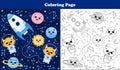 Space coloring game with cute planets and sun, alien astronauts and flying rocket in cartoon style for kids Royalty Free Stock Photo