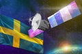 Space communications technology concept - satellite with Sweden flag, 3D Illustration