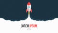 Space concept. A cartoon red rocket flies into open space. Start up in space. Big empty cloud for text. White smoke Royalty Free Stock Photo