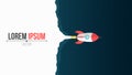 Space concept. A cartoon red rocket flies in open space. Start up in space. Big empty cloud for text. White smoke. Vector illustra Royalty Free Stock Photo
