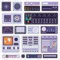 Space control dashboard panel, sensors data and displays. Spaceship cockpit buttons, handles, dials and knobs