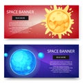 Space cosmos and solar system planets vector banners set. Blue planet with satellite and sun on red galaxy background Royalty Free Stock Photo