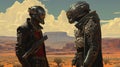 Space cowboys in sci-fi western scene. Sci-fi warriors of the wasteland. Generated AI