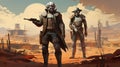 Space cowboys in sci-fi western scene. Sci-fi warriors of the wasteland