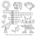 Space crossword puzzle. Alien with telescope, planets and rocket. Coloring book for kids