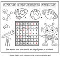 Space crossword puzzle. Alien with telescope, planets and rocket. Coloring book for kids