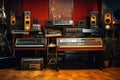 A space crowded with diverse musical instruments and gear, Vintage music recording studio with amps and synthesizer, AI Generated