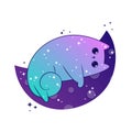 Space cute cats sleep on moon celestial with stars and planets. Fantasy magical kawaii vector. Mystical nursery kitten for