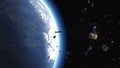 Space debris from defective satellite due to orbital collisions and small parts from space flights fly in orbit of the earth