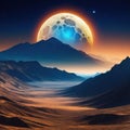 Space Desert landscape on the surface of another planet with mountains and giant moon in Extraterrestrial scenery of