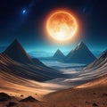 Space Desert landscape on the surface of another planet with mountains and giant moon in Extraterrestrial scenery of