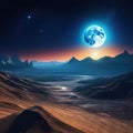 Space Desert landscape on the surface of another planet with mountains and giant moon in Extraterrestrial scenery of