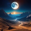 Space Desert landscape on the surface of another planet with mountains and giant moon in Extraterrestrial scenery of